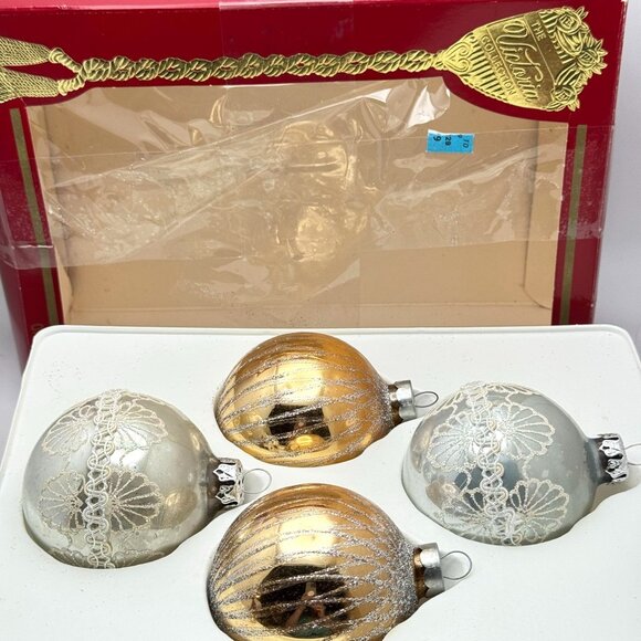 Victoria Col. Vtg Glass Christmas Ornament Set Of 4 Gold Silver Glitter Lace - Picture 2 of 11